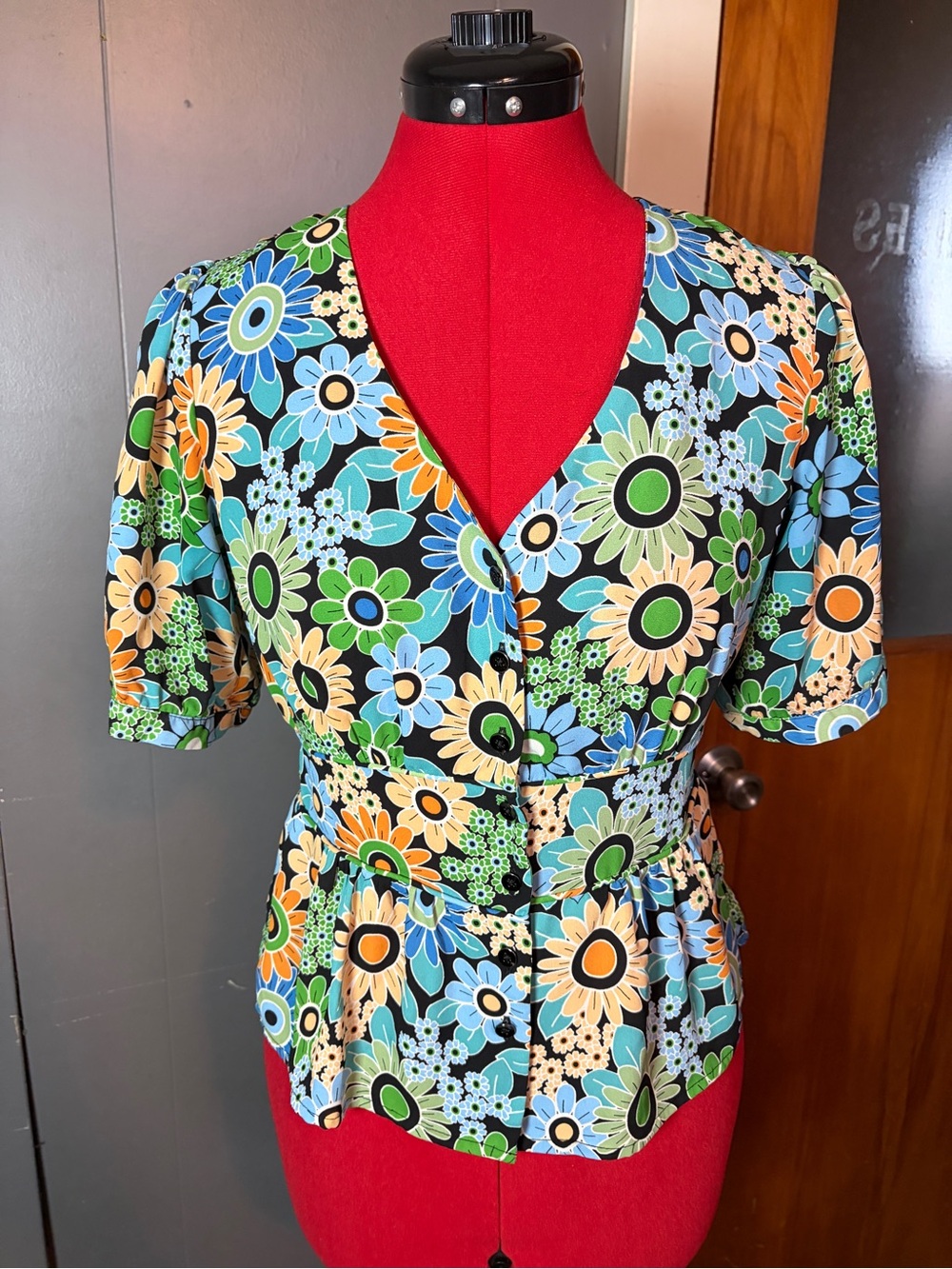 CAbi Floral Button-Front Top - Black with Blue, Green & Cream Flowers